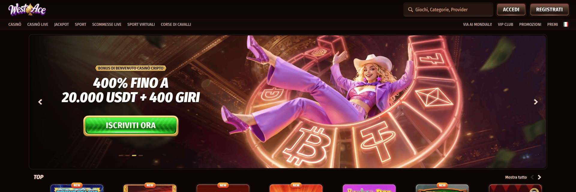 Screenshot of the Westace Casino website